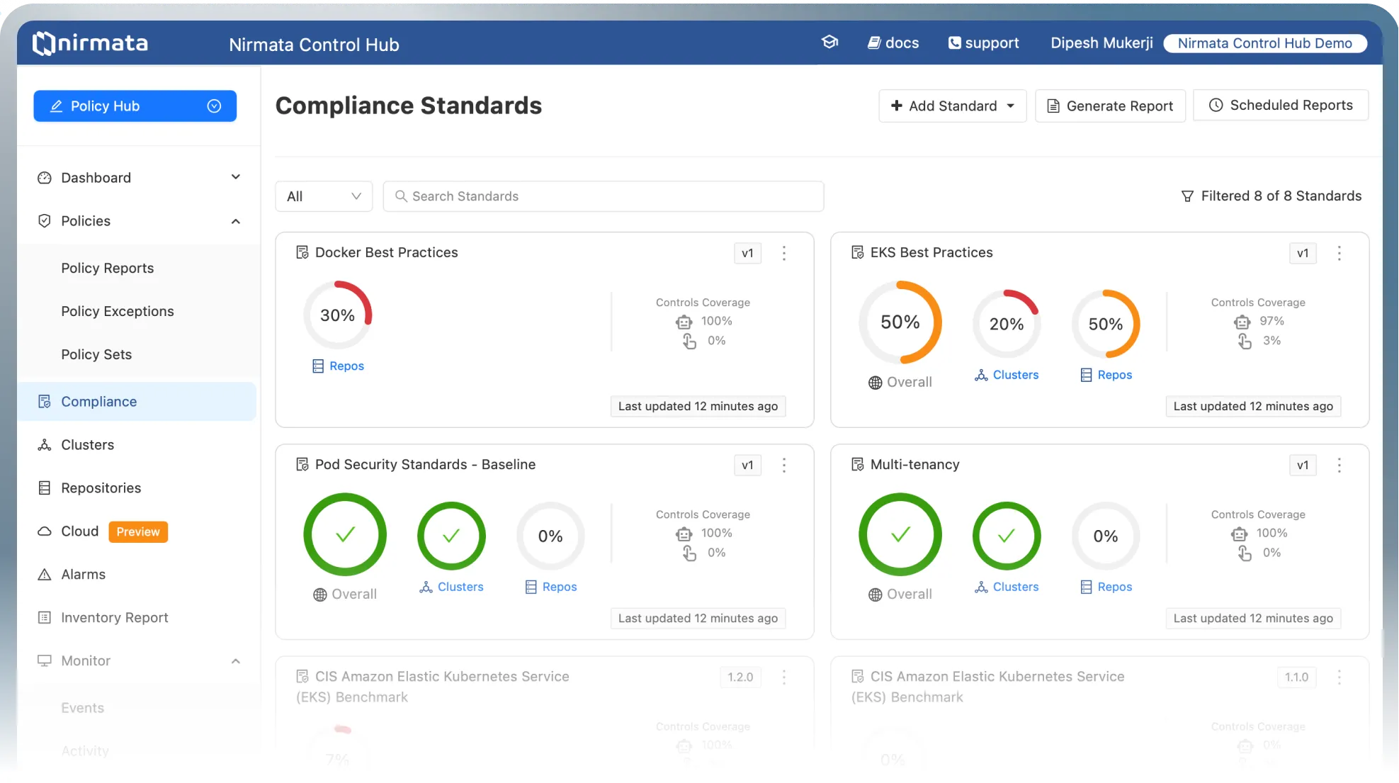 Nirmata Control Hub showing the Compliance Standards view with coverage for Docker, EKS, Pod Security Standards and multi-tenancy standards