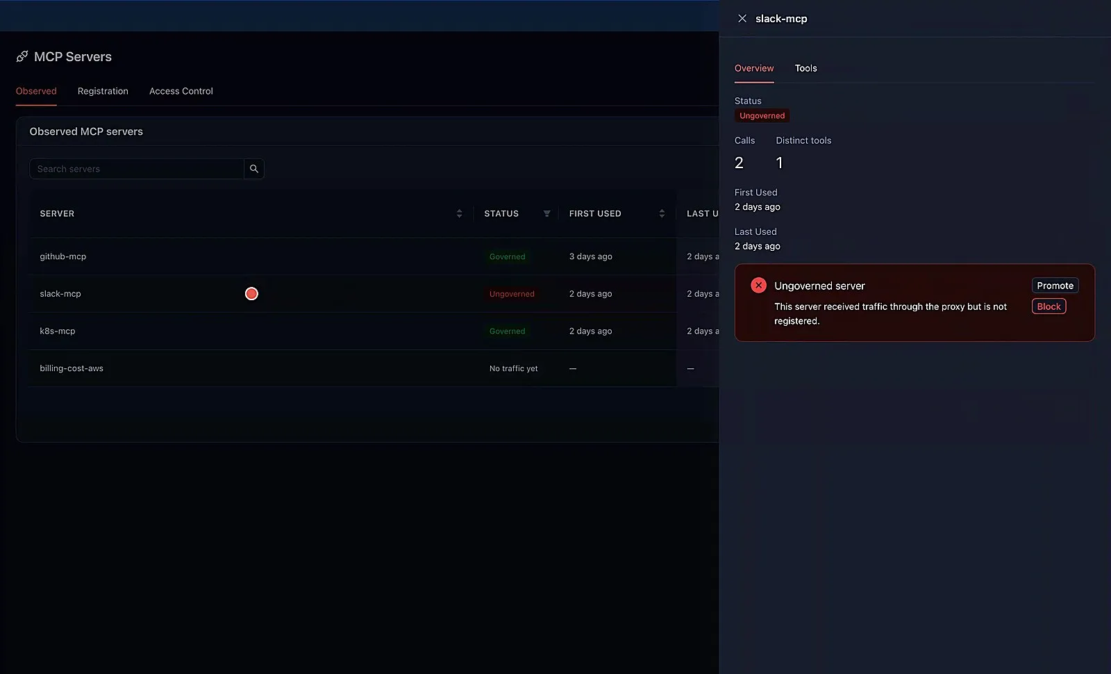 AIControls MCP Servers inventory flagging an ungoverned server